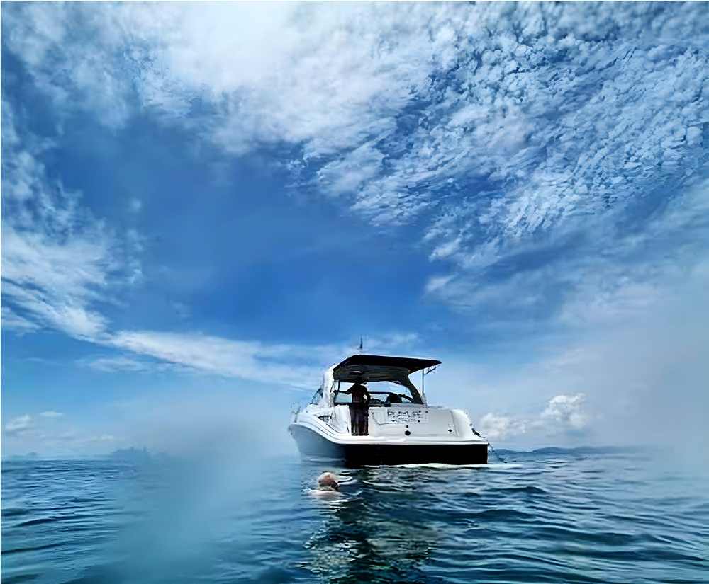 The Playlife boat at anchor in the Andaman Sea